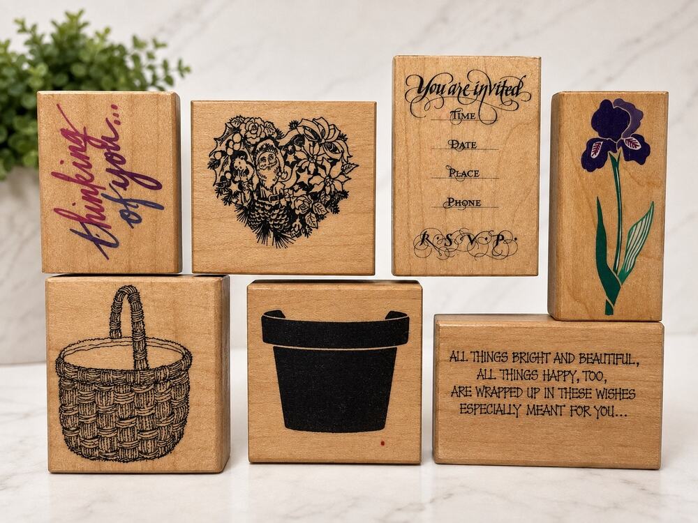 Vintage Rubber Stamp Lot 7 Wood Mounted PSX Rubber Stampede 1990s Craft
